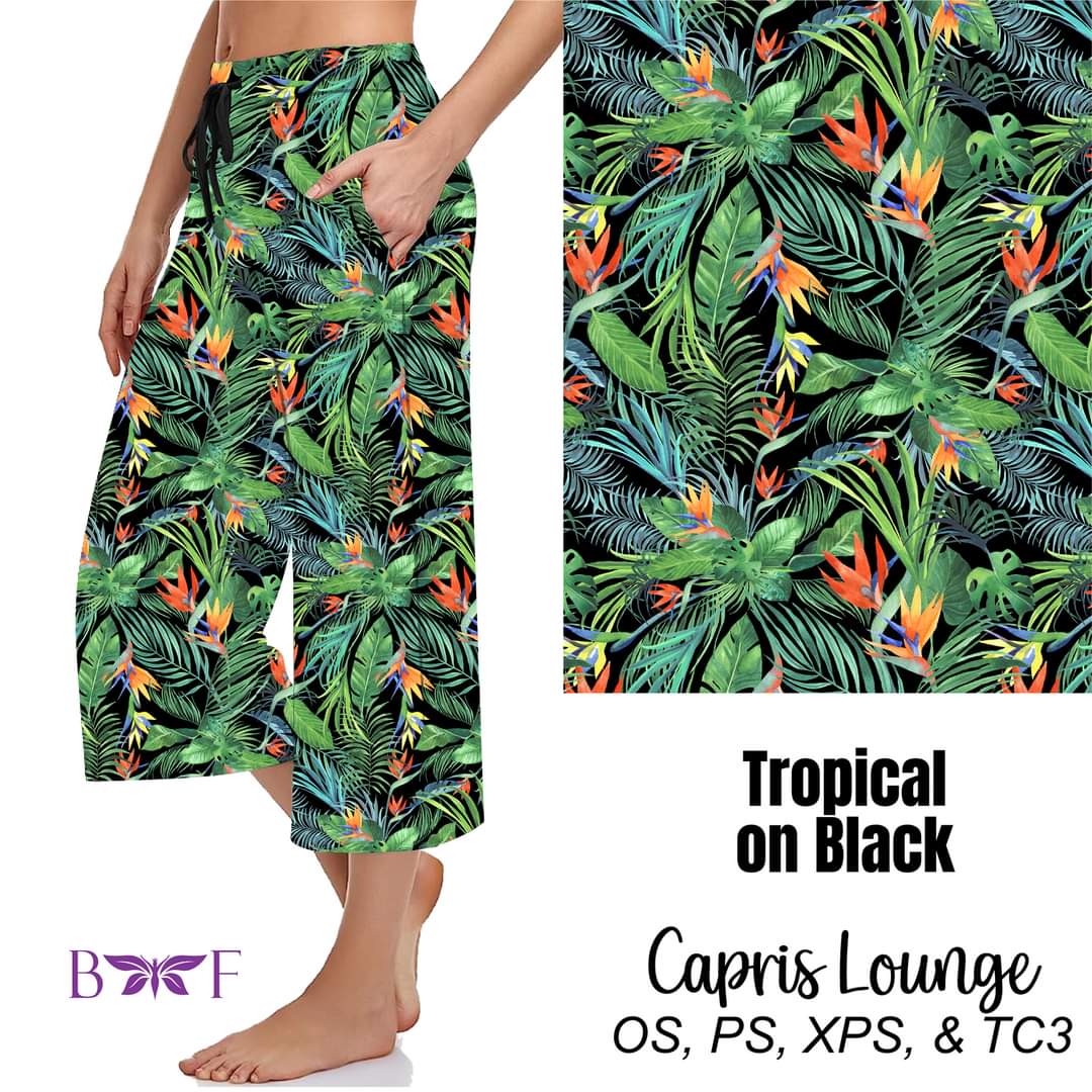 Tropical on black leggings, capris, and shorts