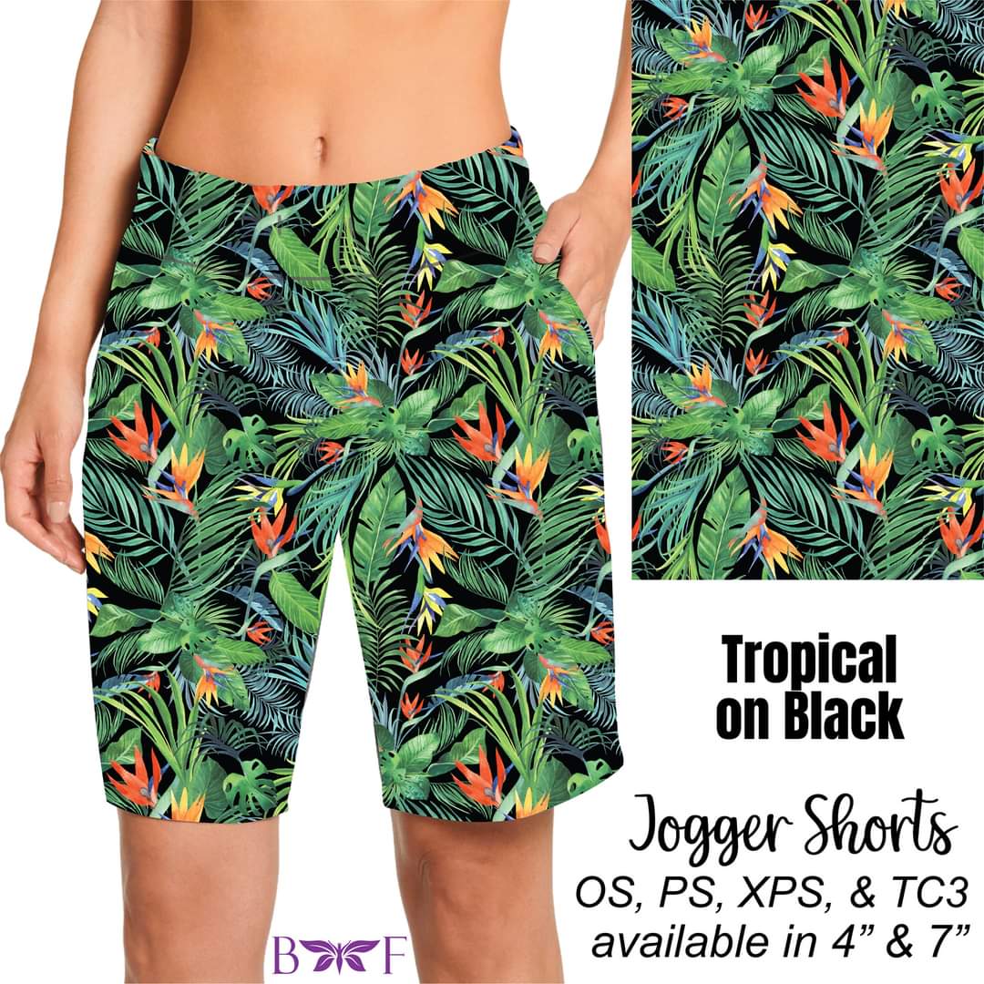 Tropical on black leggings, capris, and shorts