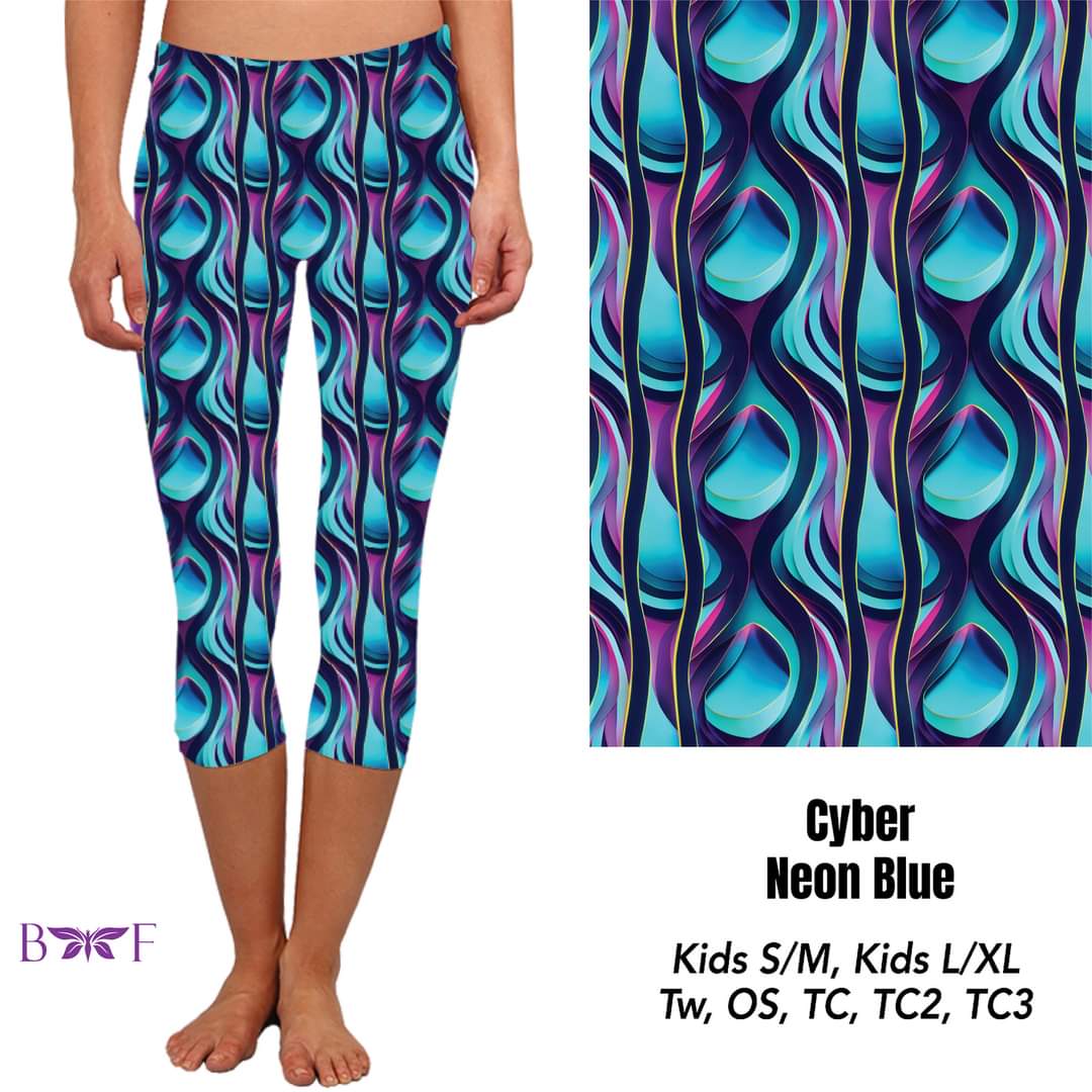 Cyber Neon Blue Capris and Biker Shorts