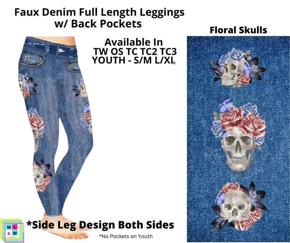 Floral Skulls Faux Denim w/ Side Leg Designs Full Length