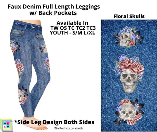 Floral Skulls Faux Denim w/ Side Leg Designs Full Length