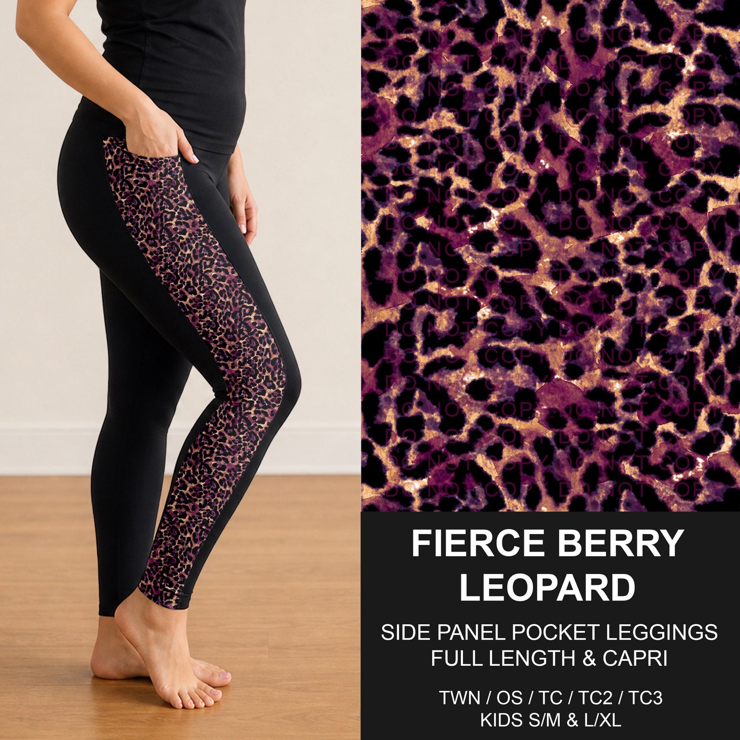 B300 - Preorder Fierce Berry Leopard Side Panel Pocket Leggings (Closes 7/15. ETA: mid Sept.)