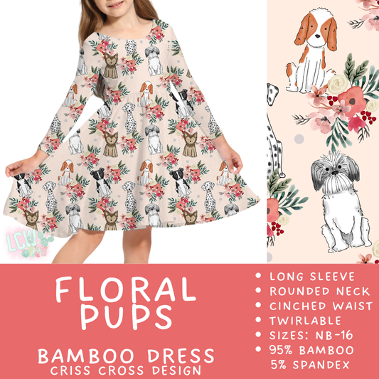 Ready to Ship - Floral Pups Long Sleeve Criss-Cross Bamboo Dress - 4, 8 & 10