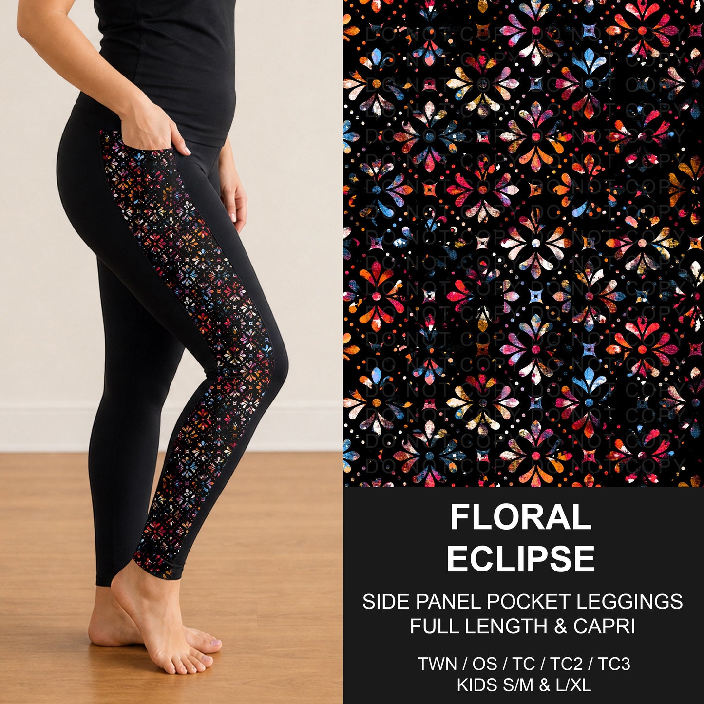 B319 - Preorder Floral Eclipse Side Panel Pocket Leggings (Closes 11/01. ETA: early Jan.)