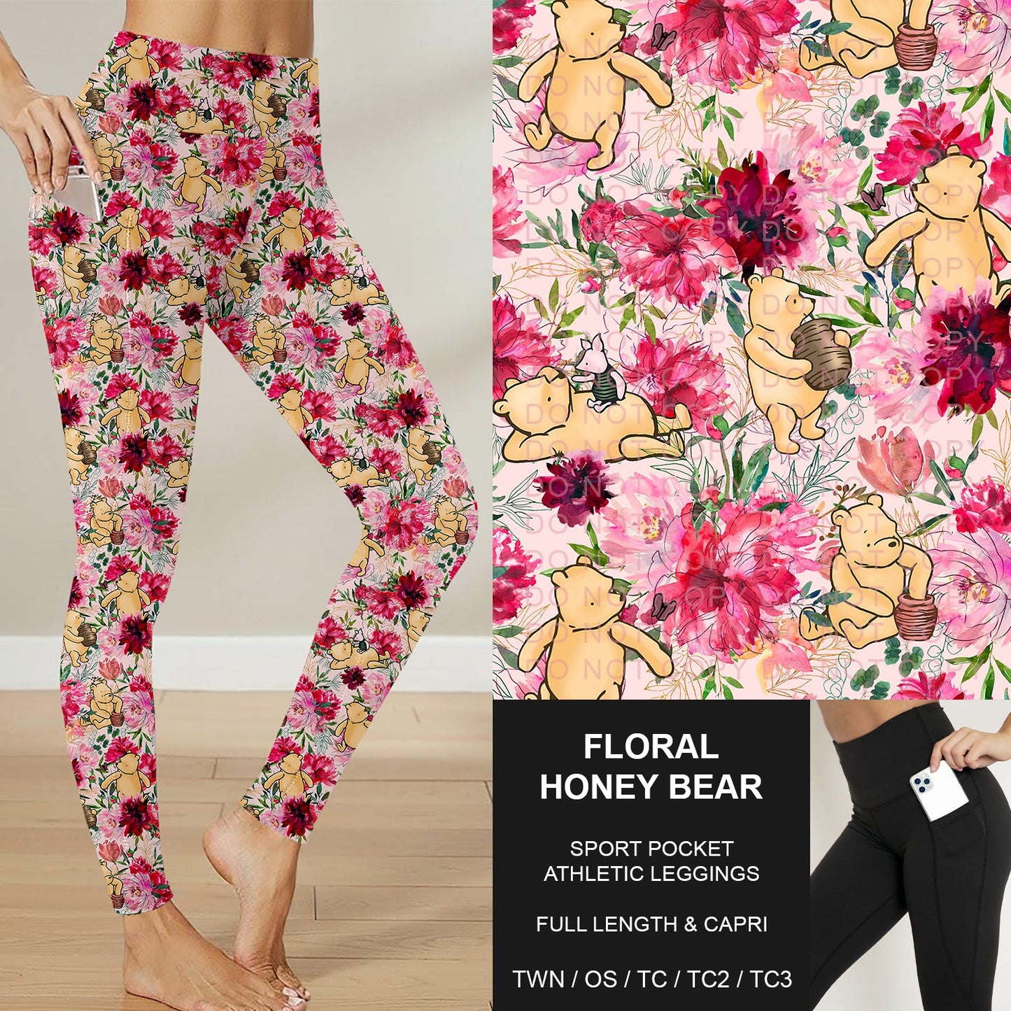 B282 - Preorder Floral Honey Bear Sport Pocket Leggings (Closes 3/29. ETA: early June)