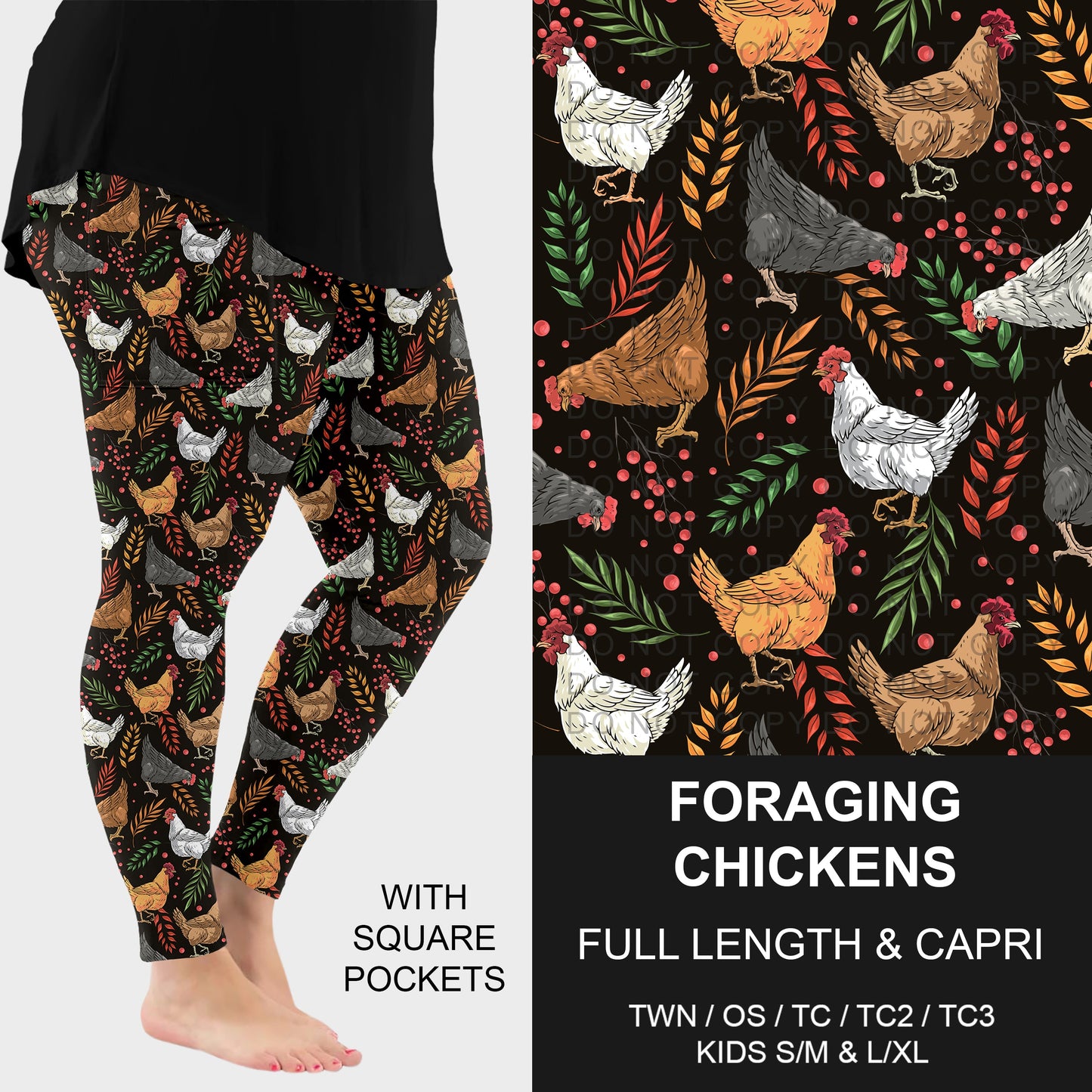 B318 - Preorder Foraging Chickens Leggings w/ Pockets (Closes 10/25. ETA: late Dec.)