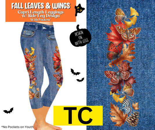 Fall Leaves & Wings Capri Faux Denim w/ Side Leg Designs