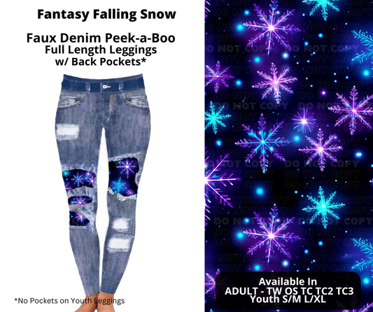 Fantasy Falling Snow Faux Denim Full Length Peekaboo Leggings