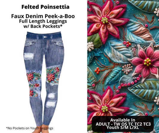 Felted Poinsettia Faux Denim Full Length Peekaboo Leggings