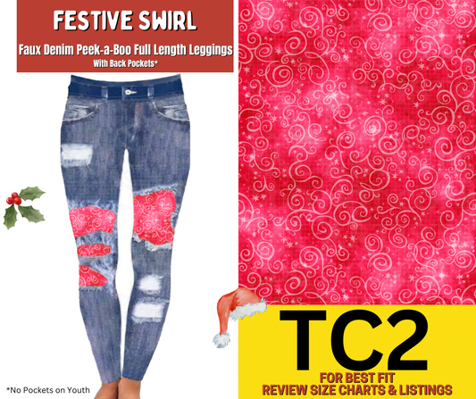 Festive Swirl Faux Denim Full Length Peekaboo Leggings