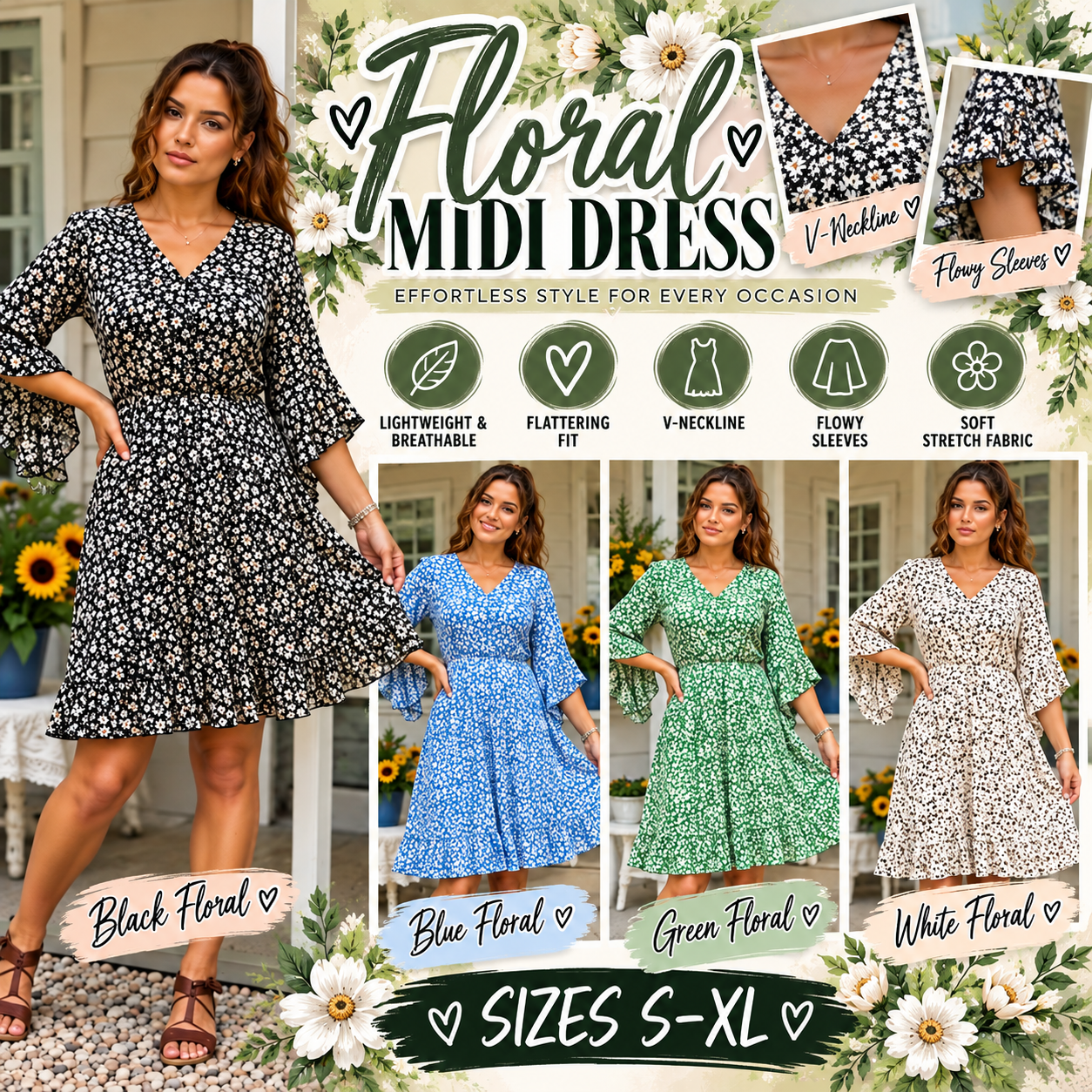 Floral Midi Dress – Flowy V-Neck Dress