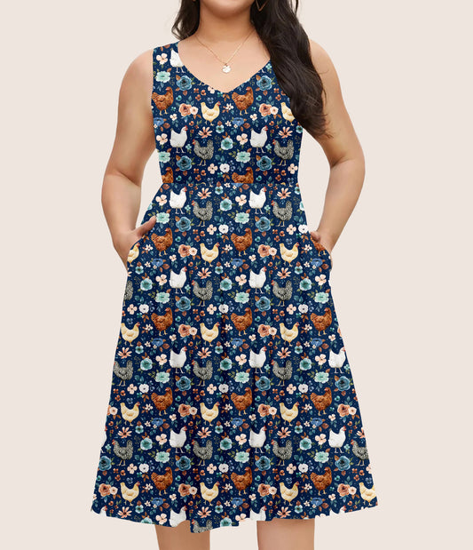RTS - Floral Chickens Pocket Dress