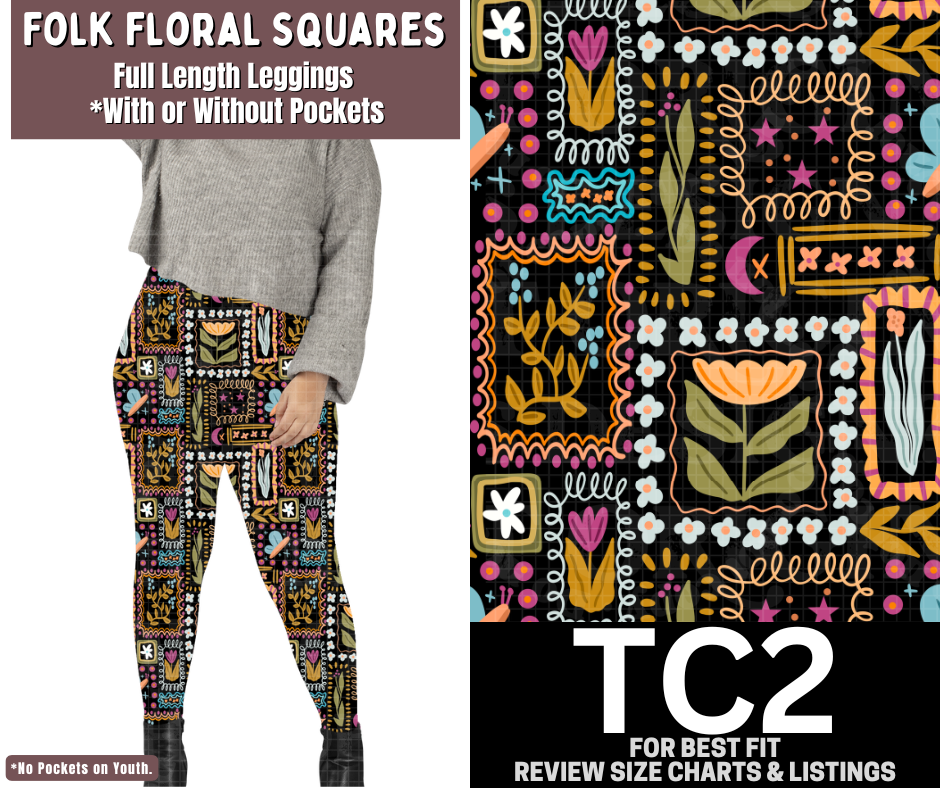 Folk Floral Squares Full Length Leggings w/ Pockets