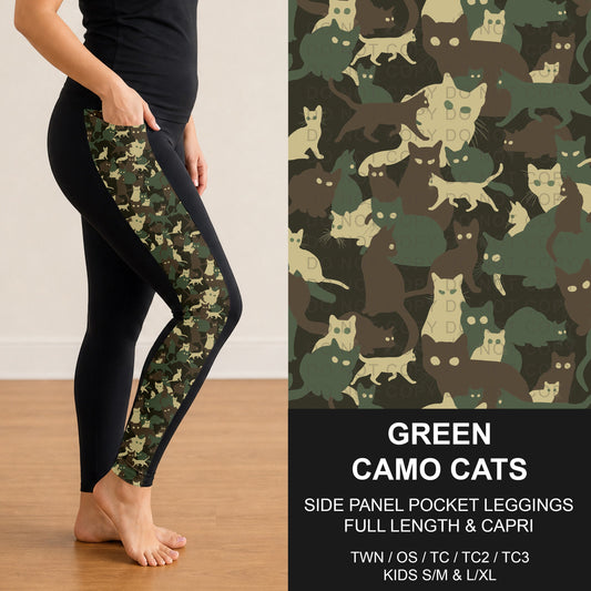 B310 - Preorder Green Camo Cats Side Panel Pocket Leggings (Closes 8/30. ETA: late Oct.)