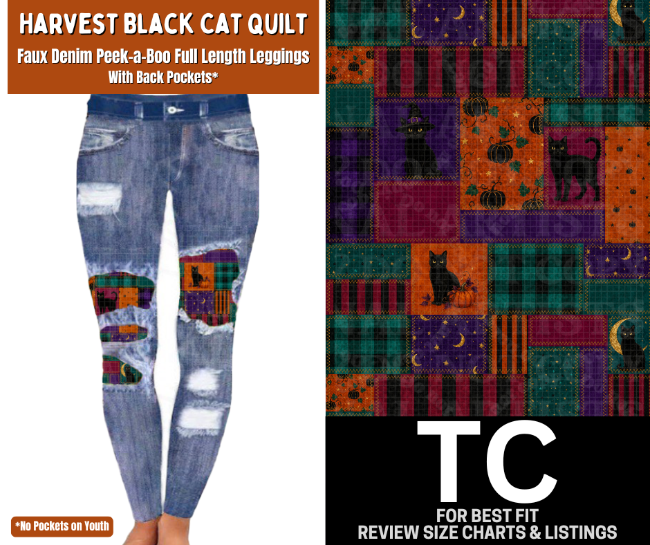 Harvest Black Cat Quilt Faux Denim Full Length Peekaboo Leggings