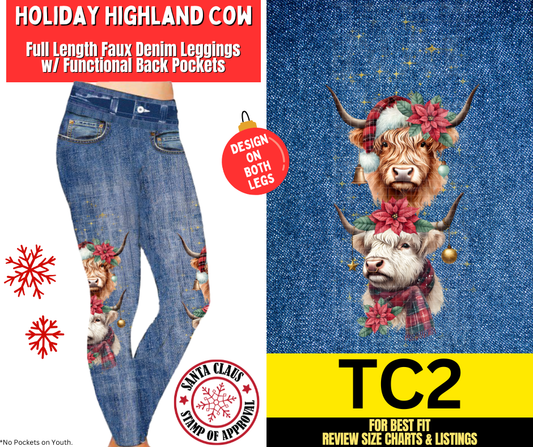 Holiday Highland Cow Faux Denim Fleece Leggings W/ Side Leg Designs