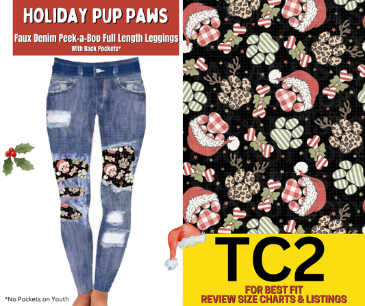 Holiday Pup Paws Faux Denim Full Length Peekaboo Leggings