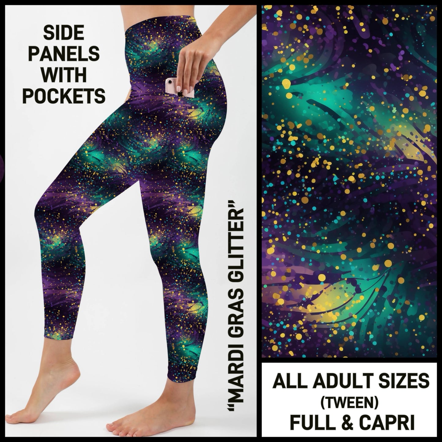 S3PN - Mardi Gras Glitter Capris/Leggings with Side Panel Pockets - Preorder ETA: Late Jan