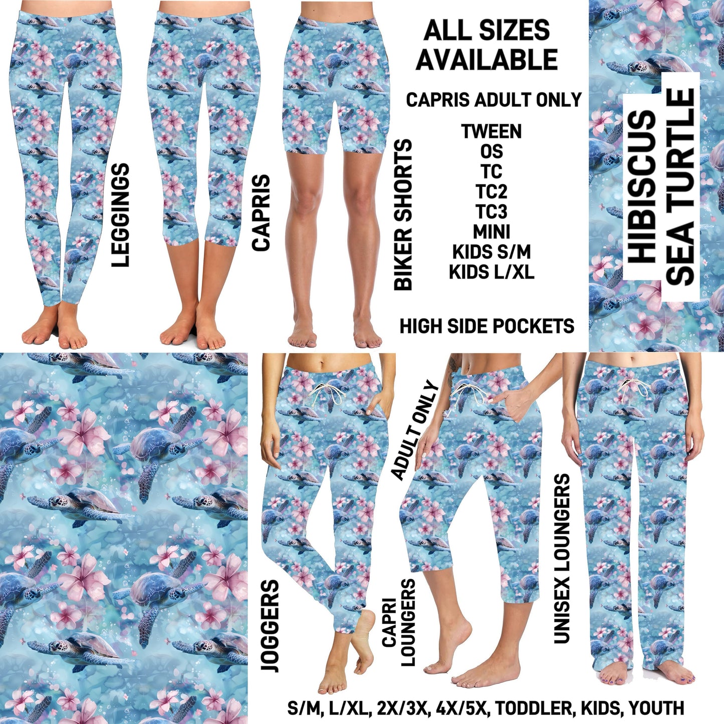 P1FT - Hibiscus Sea Turtle Biker/Capris/Leggings with High Side Pockets - Preorder ETA: Late Jan