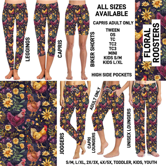 P1FT - Floral Roosters Biker/Capris/Leggings with High Side Pockets - Preorder ETA: Late Jan