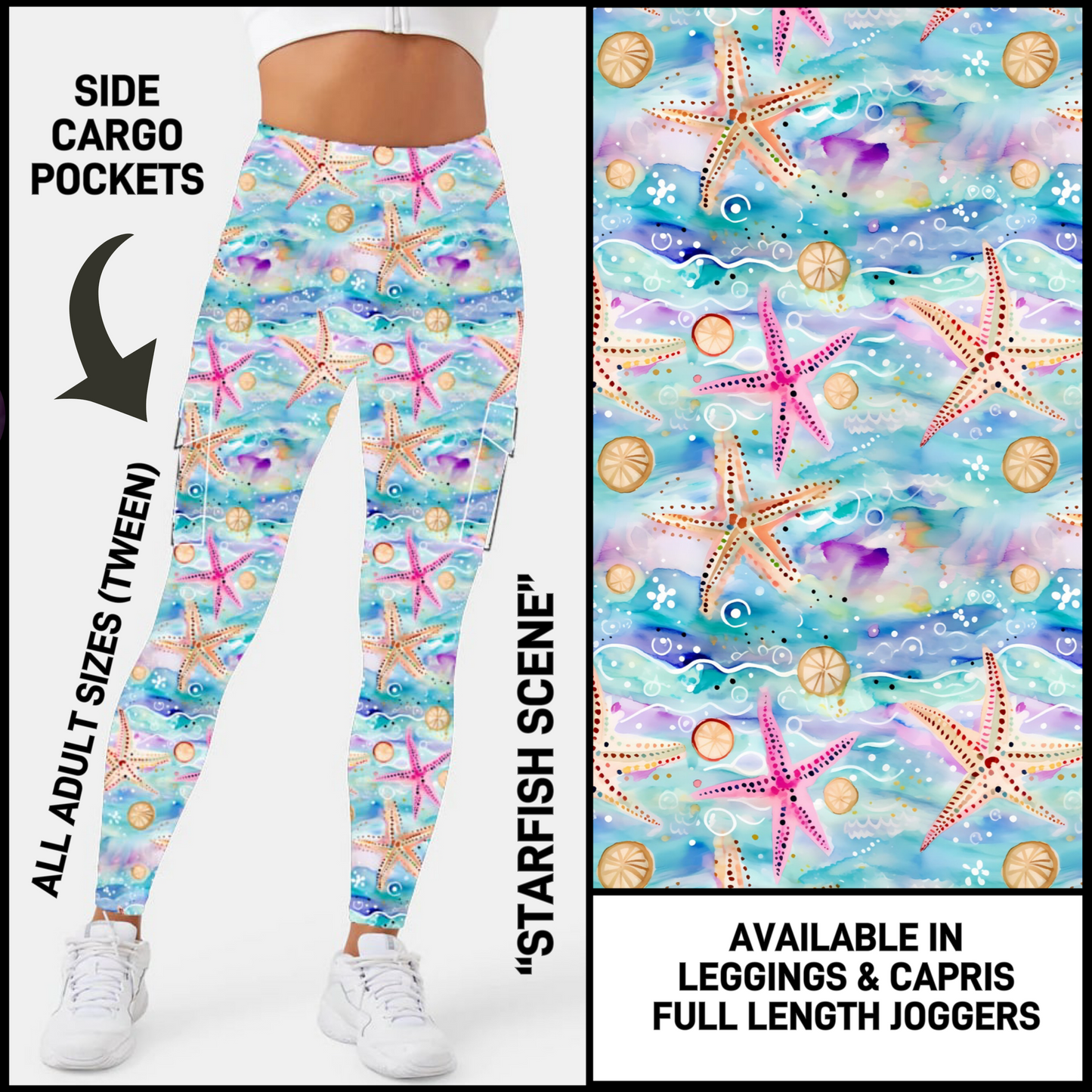 CP3B - Starfish Scene Capris/Leggings/Unisex Joggers with Cargo Pockets - Preorder Closing 5/31 ETA: Early July