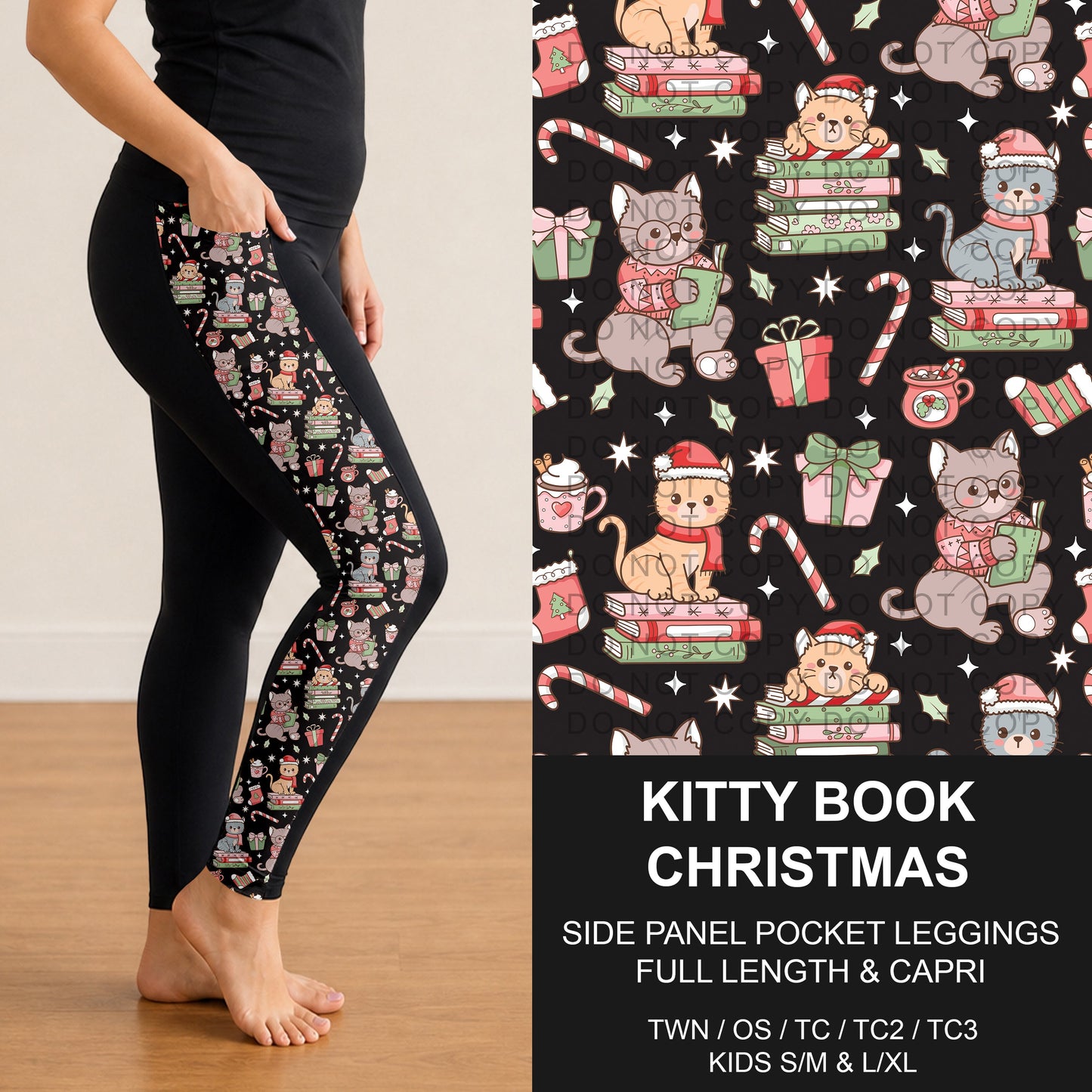 B311 - Preorder Kitty Book Christmas Side Panel Pocket Leggings (Closes 9/06. ETA: mid Nov.)