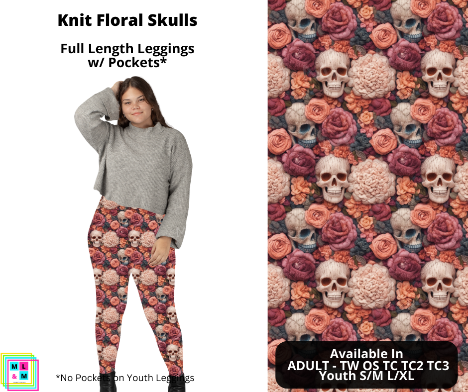 Knit Floral Skulls Full Length Leggings w/ Pockets