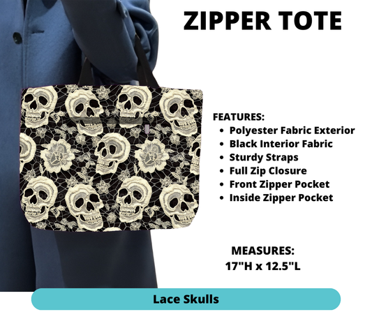 Lace Skulls Zipper Tote