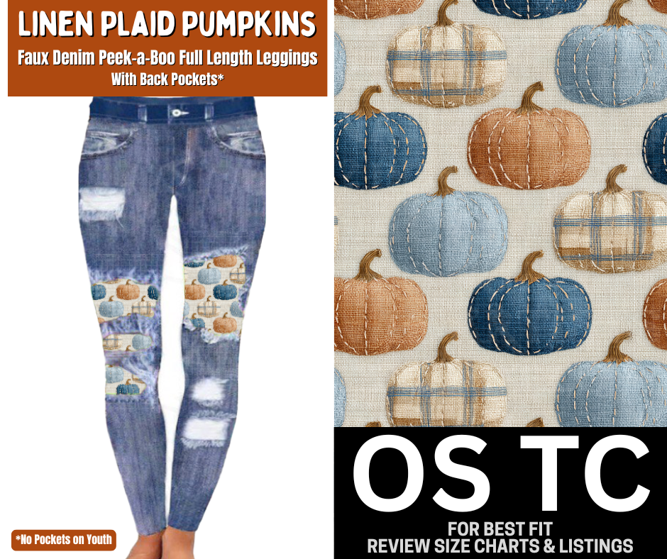 Linen Plaid Pumpkins Faux Denim Full Length Peekaboo Leggings