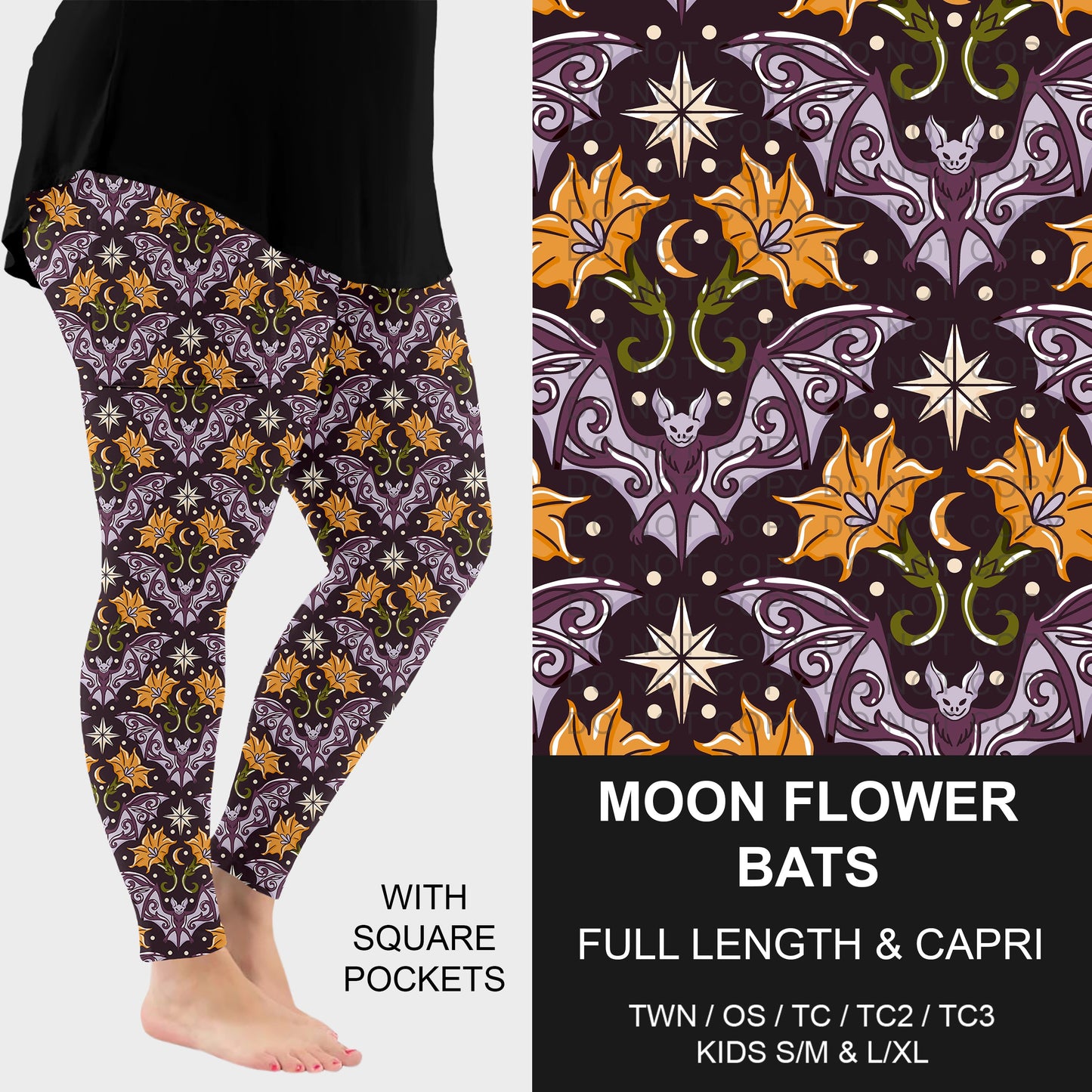 B307 - Preorder Moon Flower Bats Leggings w/ Pockets (Closes 8/02. ETA: early Oct.)