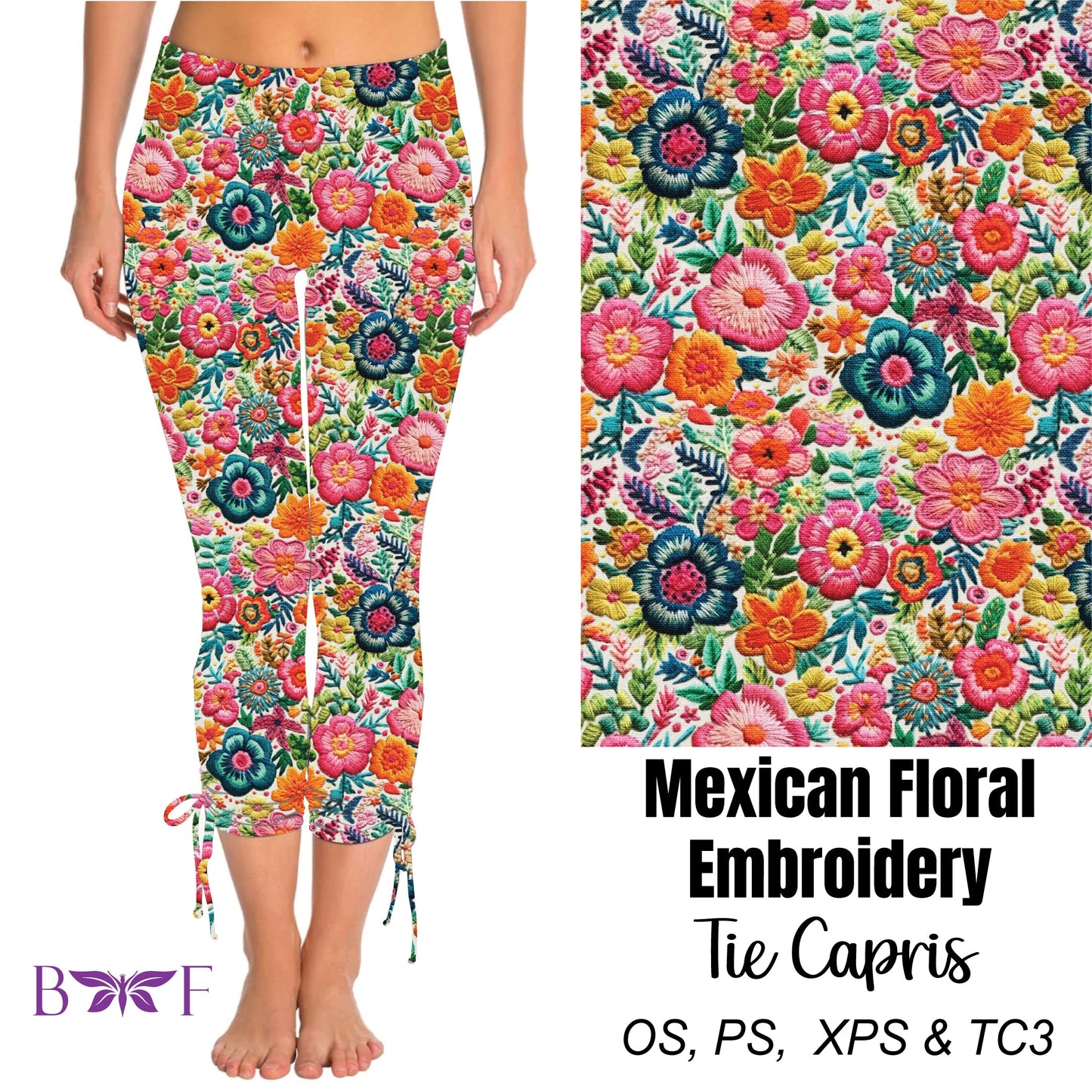 Mexican Floral Embroidery Side Tie Capris Preorder #0526