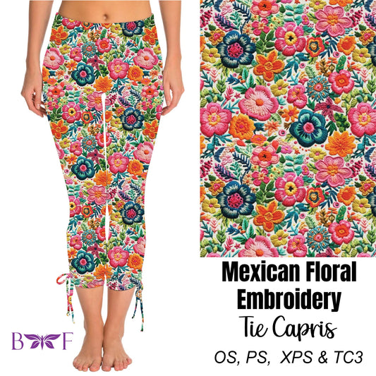Mexican Floral Embroidery Side Tie Capris Preorder #0526