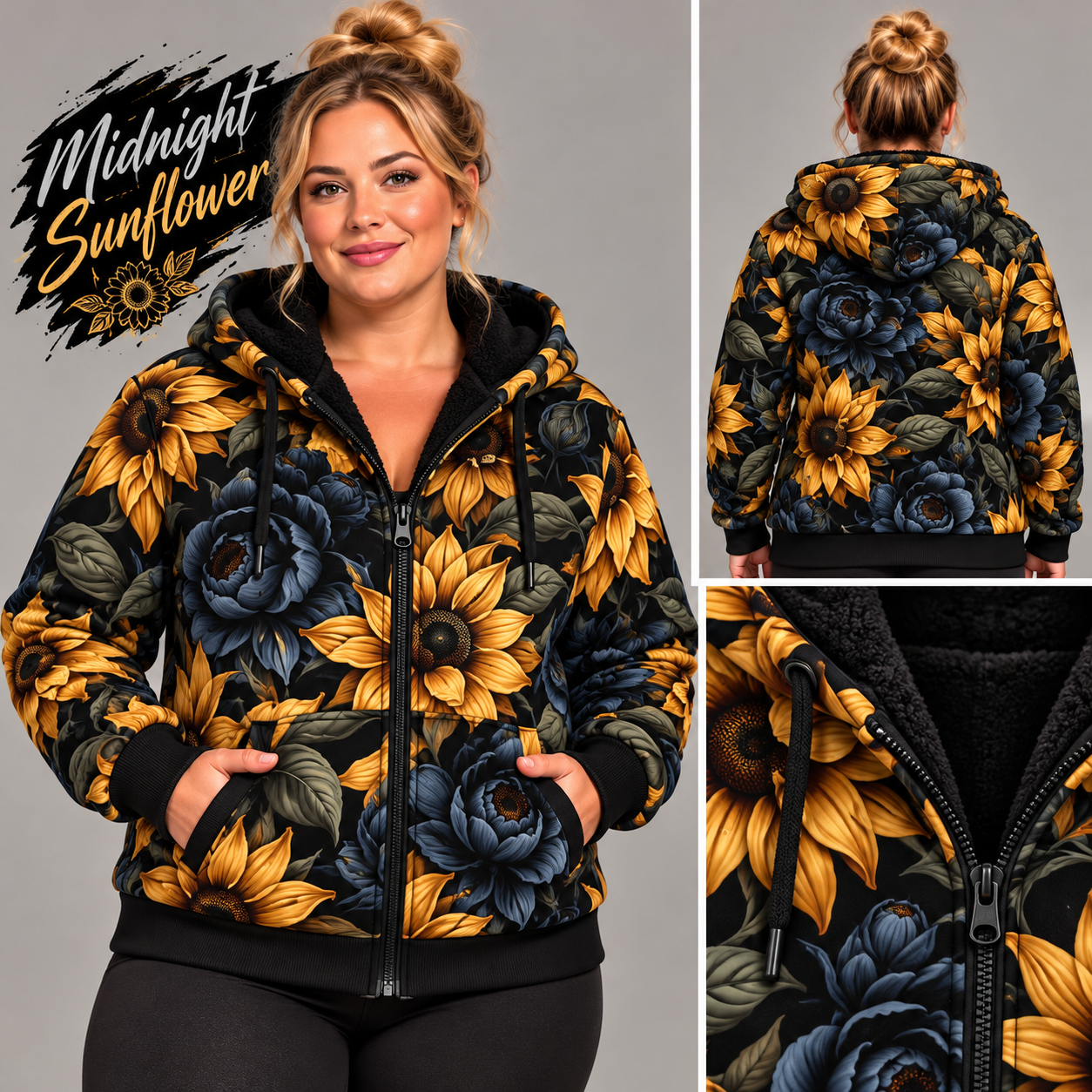 Midnight Sunflower-FLEECE LINED HOODED JACKET-PREORDER CLOSING 11/9