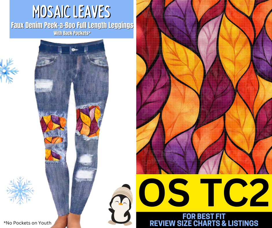 Mosaic Leaves Faux Denim Full Length Peekaboo Leggings