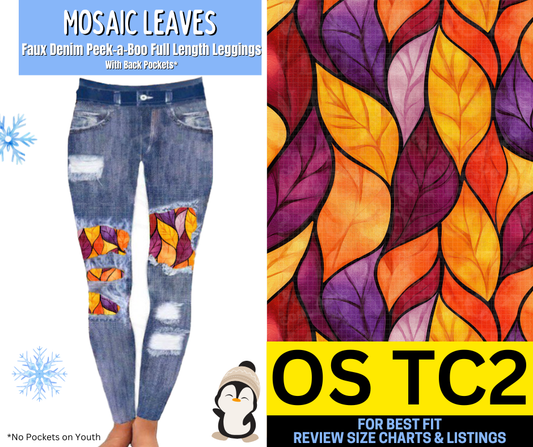 Mosaic Leaves Faux Denim Full Length Peekaboo Leggings