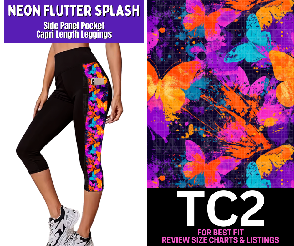 Neon Flutter Splash Side Panel Pocket Capri Length Leggings