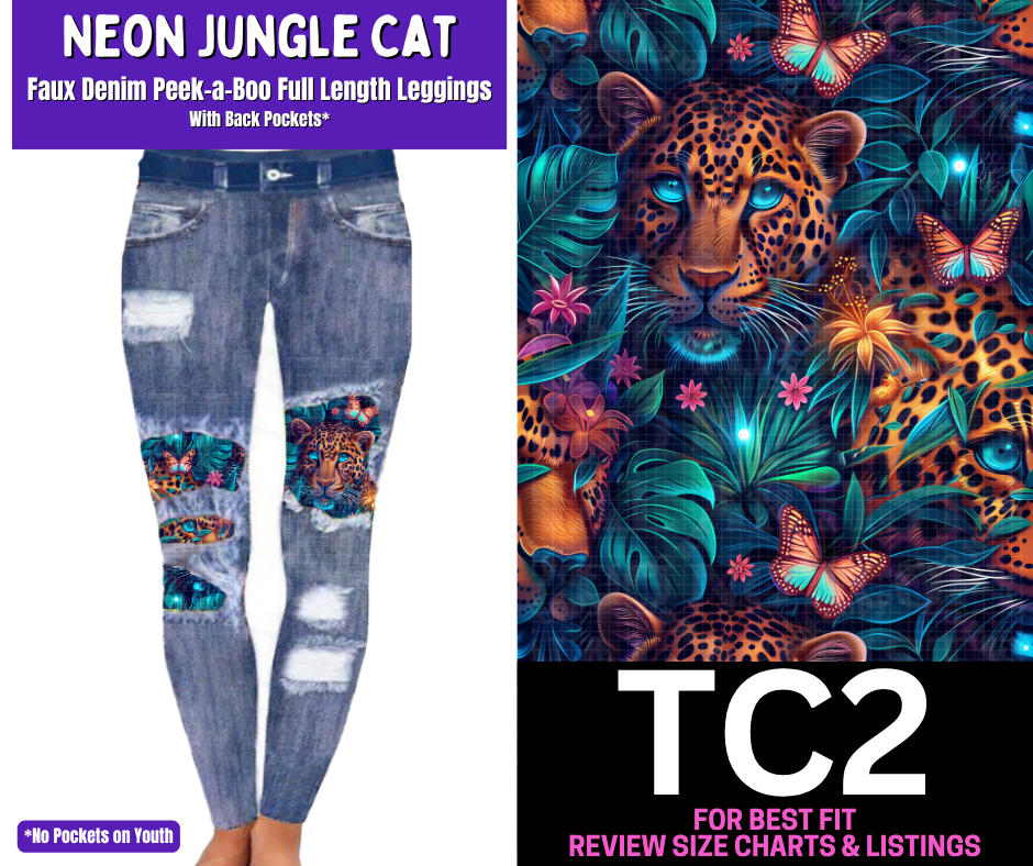 Neon Jungle Cat Faux Denim Full Length Peekaboo Leggings