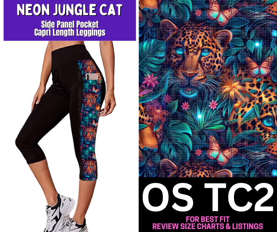 Neon Jungle Cat Side Panel Pocket Capri Length Leggings