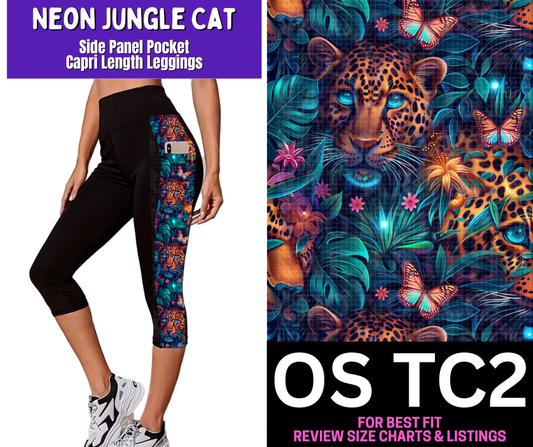 Neon Jungle Cat Side Panel Pocket Capri Length Leggings