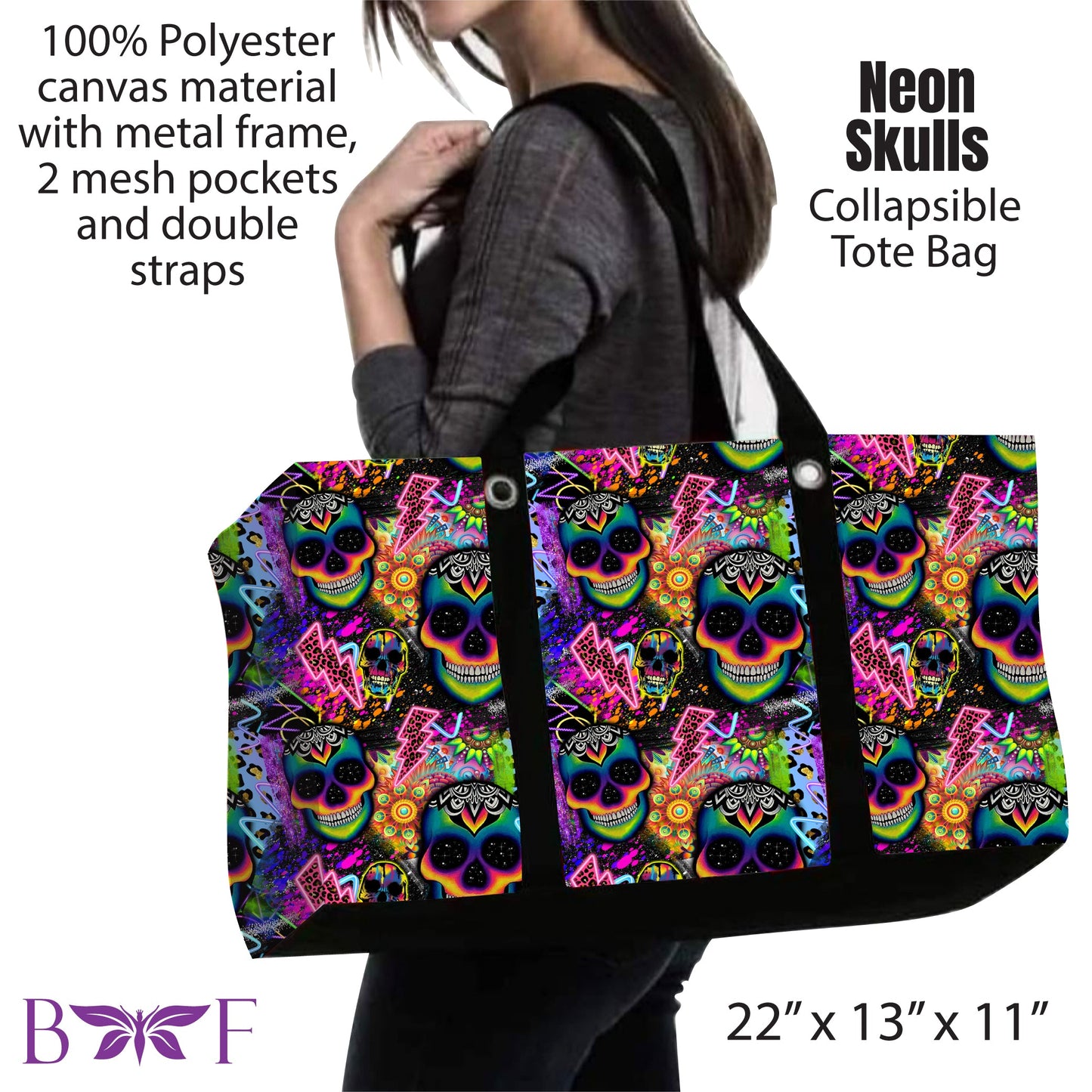 Neon Skulls large tote and 2 inside mesh pockets