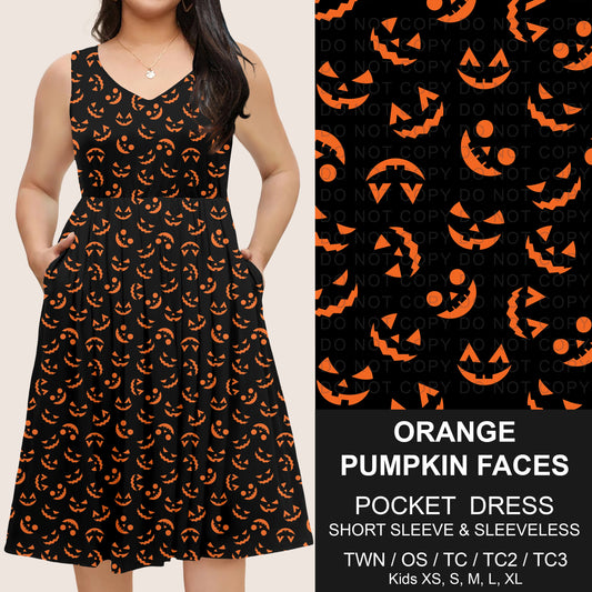 B302 - Preorder Orange Pumpkin Faces Pocket Dress (Closes 7/24. ETA: early Oct)