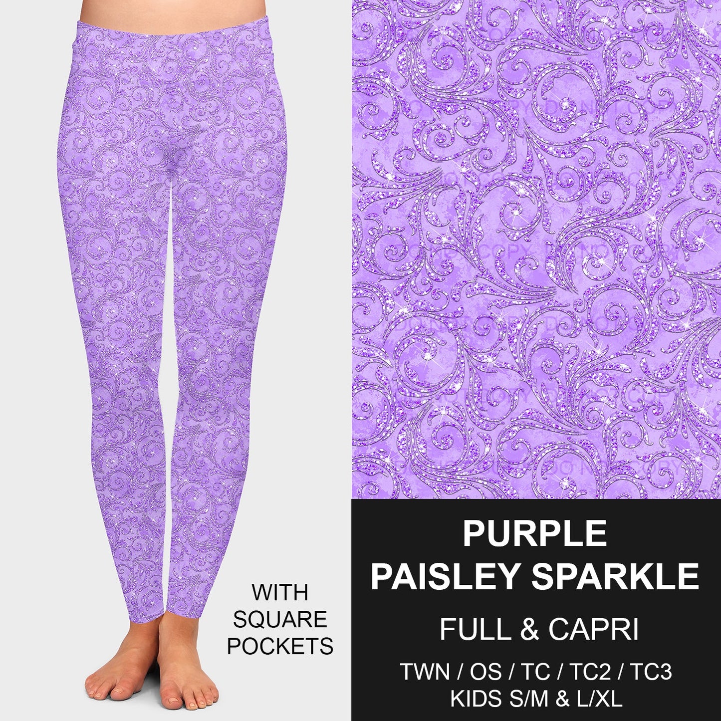 B207 - Preorder Purple Paisley Sparkle Leggings w/ Pockets (Closes 1/21. ETA: late April)