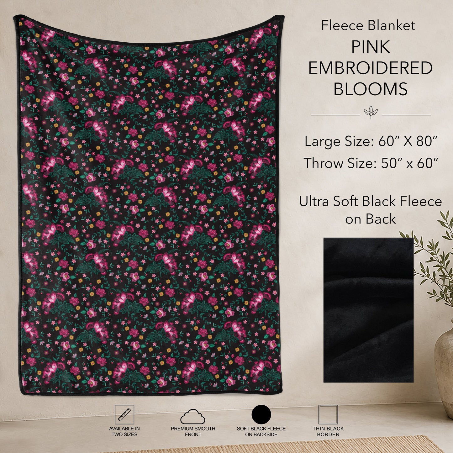 B304 - Pre-Order Pink Embroidered Blooms Fleece Blanket (Closes 7/31. ETA: early Oct)