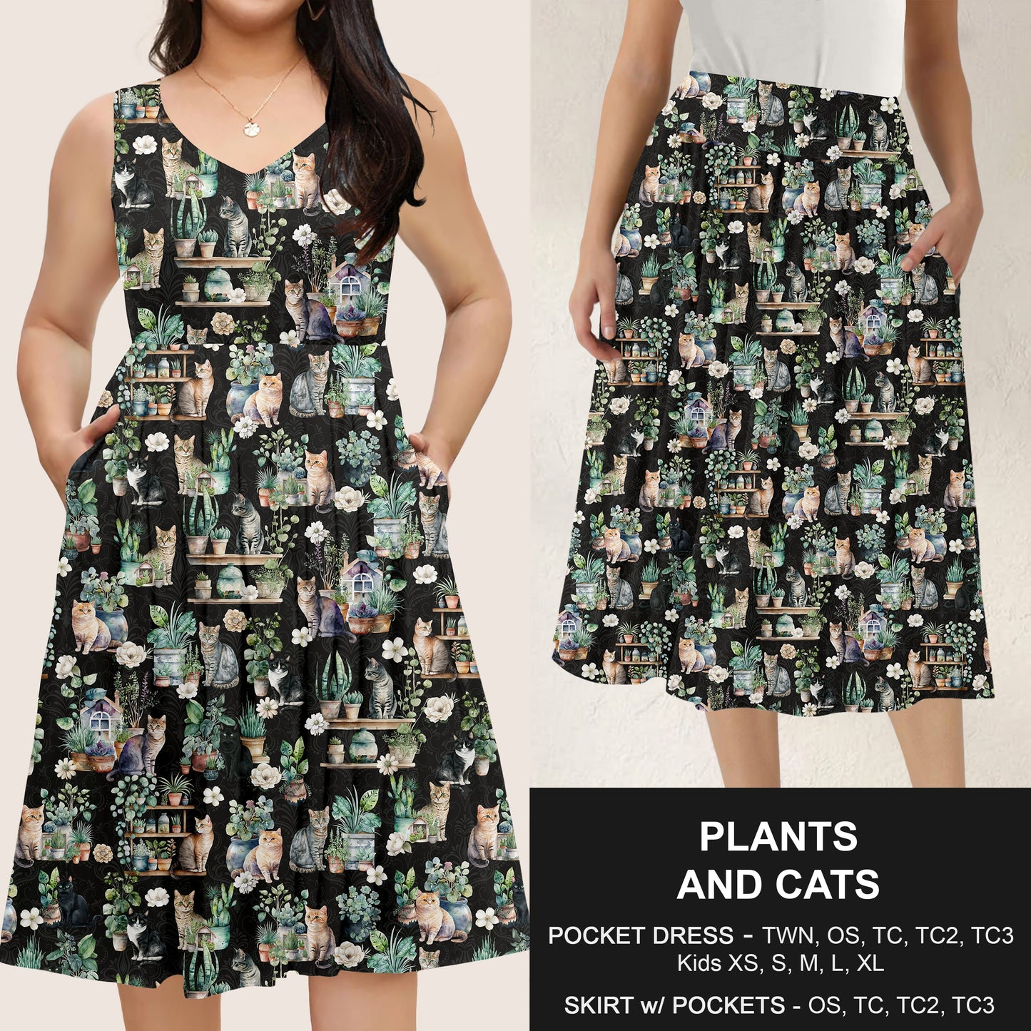 B285 - Preorder Plants and Cats Dress/Skirt with Pockets (Closes 4/15. ETA: mid June)