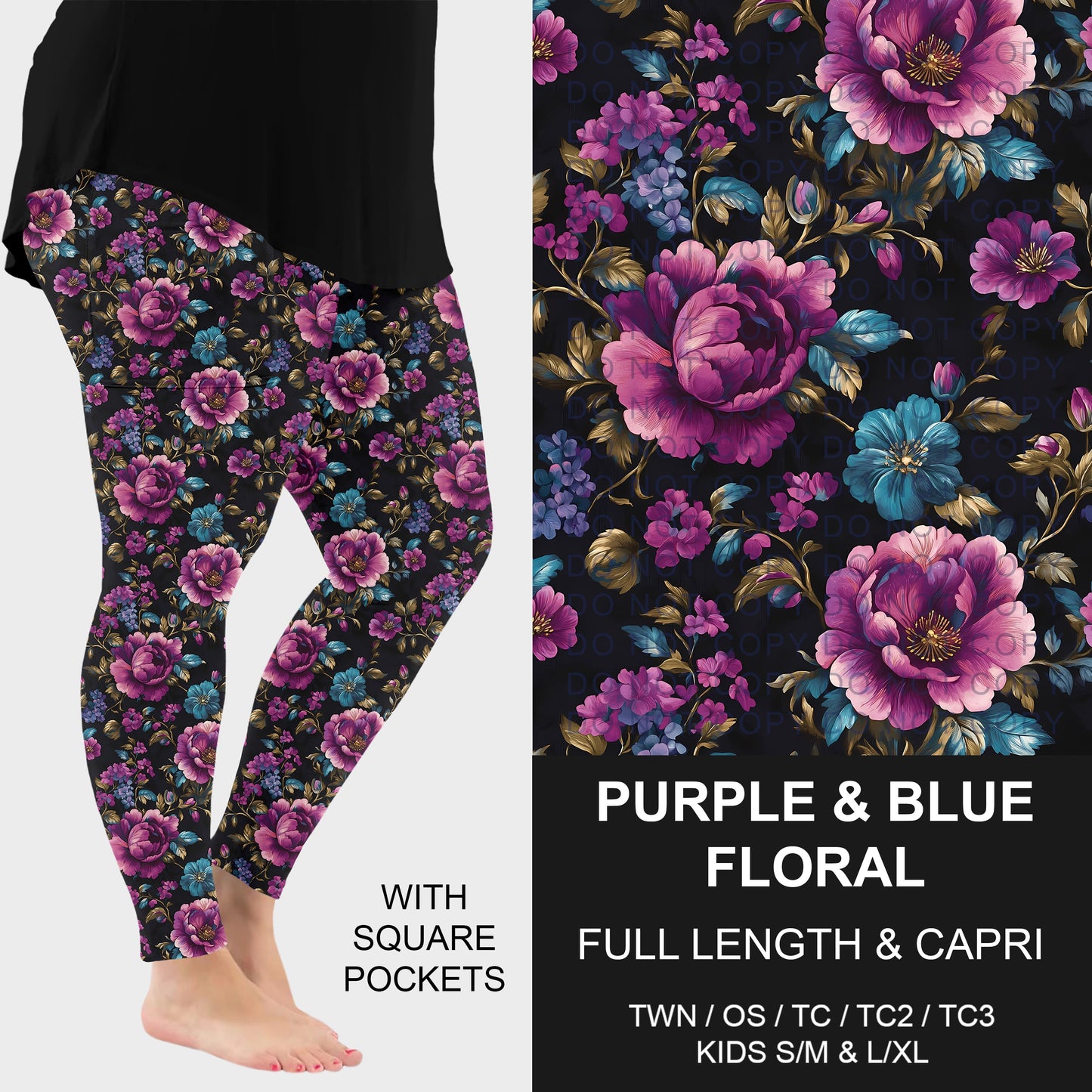 B314 - Preorder Purple and Blue Floral Leggings w/ Pockets (Closes 9/27. ETA: late Nov.)