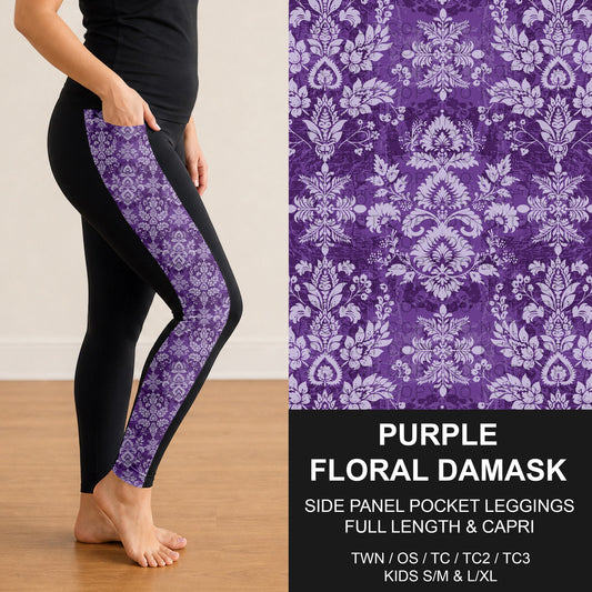 B317 - Preorder Purple Floral Damask Side Panel Pocket Leggings (Closes 10/18. ETA: late Dec.)