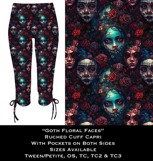 Goth Floral Faces Ruched Cuff Capris with Side Pockets