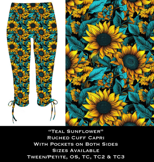 Teal Sunflower Ruched Cuff Capris with Side Pockets -