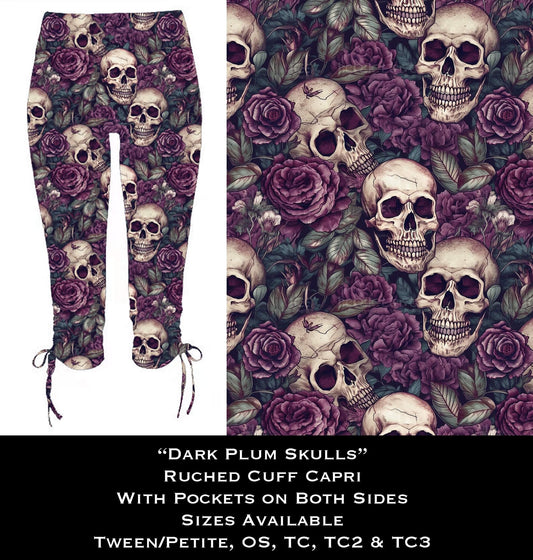 Dark Plum Skulls Ruched Cuff Capris with Side Pockets -