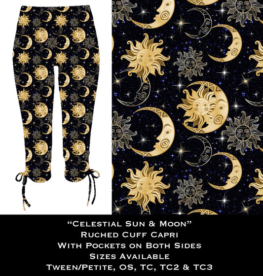 Celestial Sun & Moon Ruched Cuff Capris with Side Pockets -